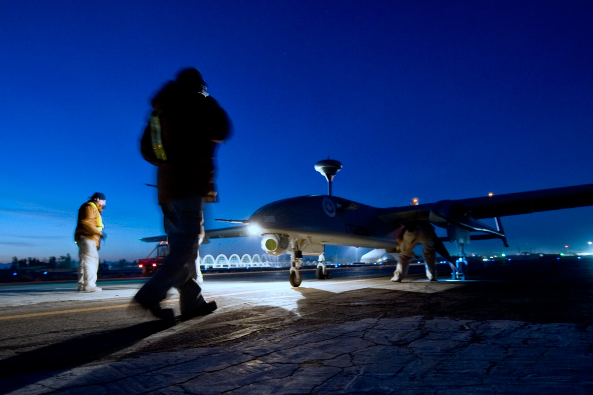A Heron unmanned aerial vehicle is prepared for launch at Kandahar Airfield, Afghanistan
