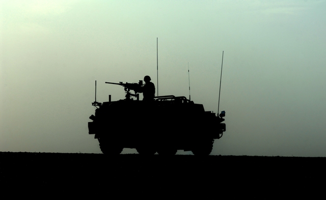 A Jackal Armoured Vehicle is pictured in the desert at Camp Bastion, Afghanistan